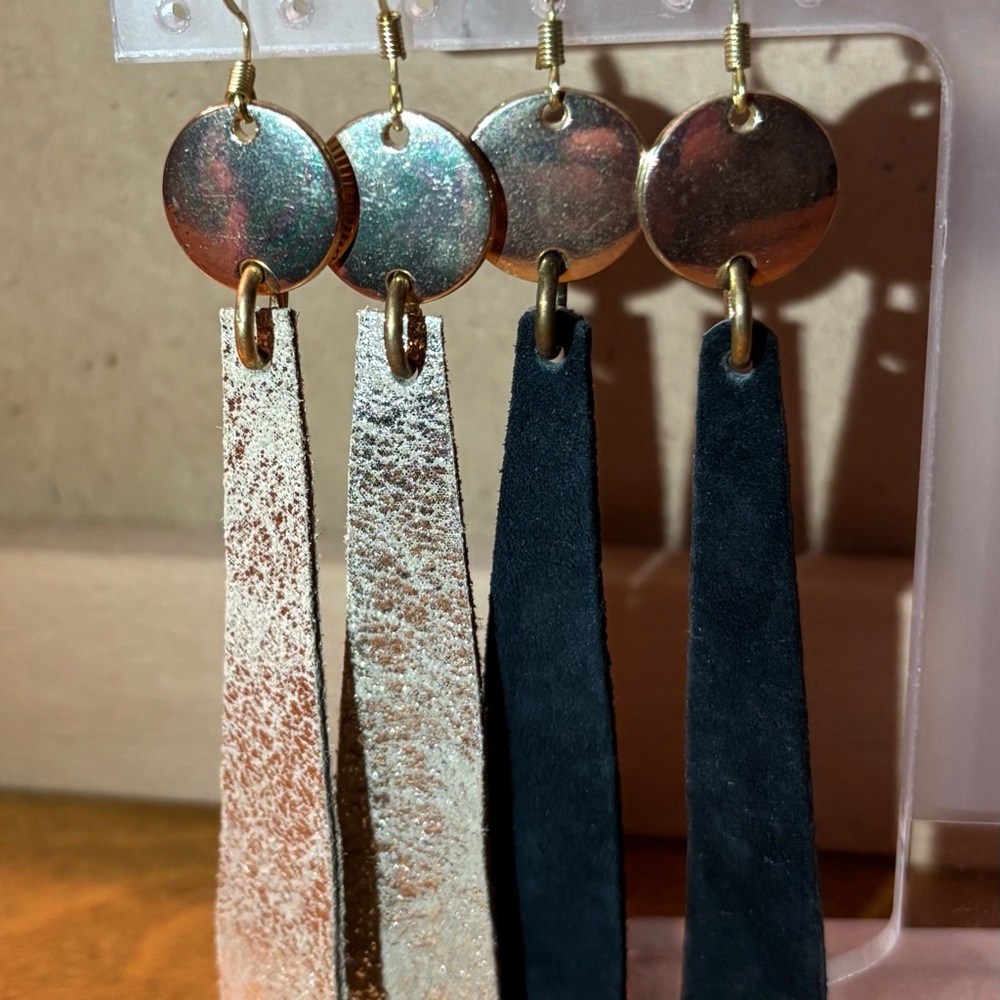 Gold and Black Leather Dangle Earrings